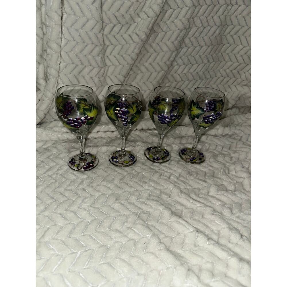 Set of 4 Hand Painted Grape Wine Glasses Floral Stemware